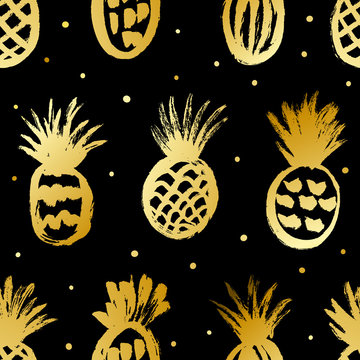 Seamless Pattern With Hand Drawn Golden Pineapples