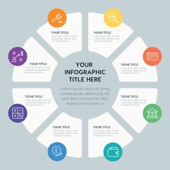 Circle chart business, money infographic template with 8 options for presentations, advertising, annual reports