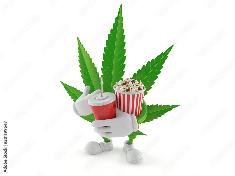 Poster cannabis character holding popcorn and soda