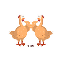 Gemini zodiac sign, funny chickens, horoscope element vector Illustration on a white background
