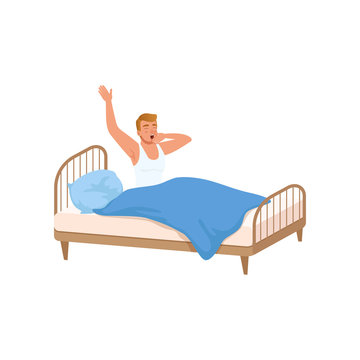 Young man waking up beginning a good day, people activity, daily routine vector Illustration on a white background