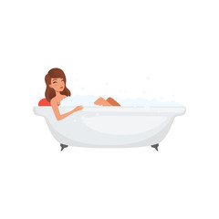 Young woman taking bath in bubble bathtub, people activity, daily routine vector Illustration on a white background