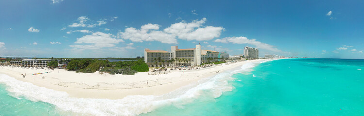 Aerial panoramic view of an amazing beach resort in Cancun, Mexico
