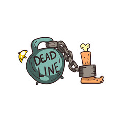 Weight of Deadline chained to a humans foot, time limit vector Illustration on a white background