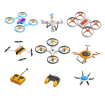 Flat vector set of quadrocopters, remote controller and joystick. Unmanned aerial vehicles. Flying drones with rotor blades. Modern technologies