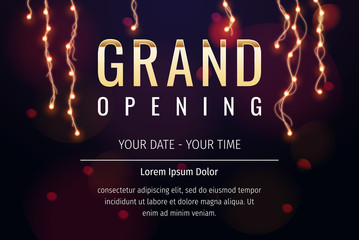Grand opening invitation concept. Celebration design. Gold glitter letters on abstract background with light effect and bokeh.