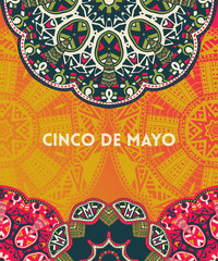 Beautiful greeting card, invitation for Cinco de Mayo festival. Design concept for Mexican fiesta holiday with ornate mandala. Vector illustration 