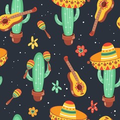 Materiał do szycia Hand drawn mexican seamless pattern. Cinco De Mayo design.