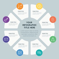 Circle chart business, money infographic template with 8 options for presentations, advertising, annual reports