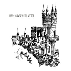 Obraz premium Swallow's Nest castle over the Black Sea in Crimea, Russia. Landmark of Crimea. Beautiful antique castle, drawing by hand.