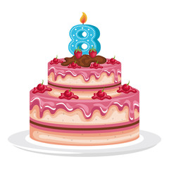 delicious cake with candle number eight celebration vector illustration design