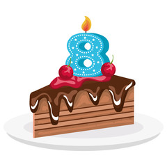 delicious cake portion with number eight vector illustration design