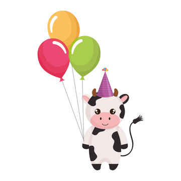 cute and little cow with hat and balloons air vector illustration design