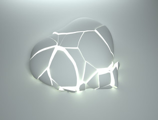 Abstract 3d illustration with a broken white glowing heart