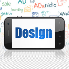 Marketing concept: Smartphone with  blue text Design on display,  Hand Drawn Marketing Icons background, 3D rendering