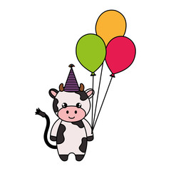 cute and little cow with hat and balloons air vector illustration design