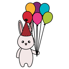cute rabbit with hat and balloons party vector illustration design