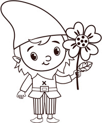Vector Gnome Character is Holding a Flower (Black and White)