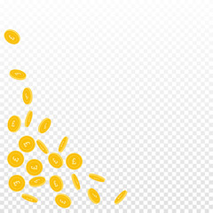 British pound coins falling. Scattered sparse GBP coins on transparent background. Noteworthy bottom left corner vector illustration. Jackpot or success concept.