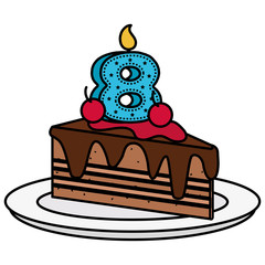delicious cake portion with number eight vector illustration design