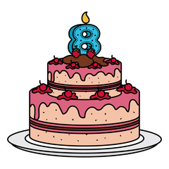 delicious cake with candle number eight celebration vector illustration design