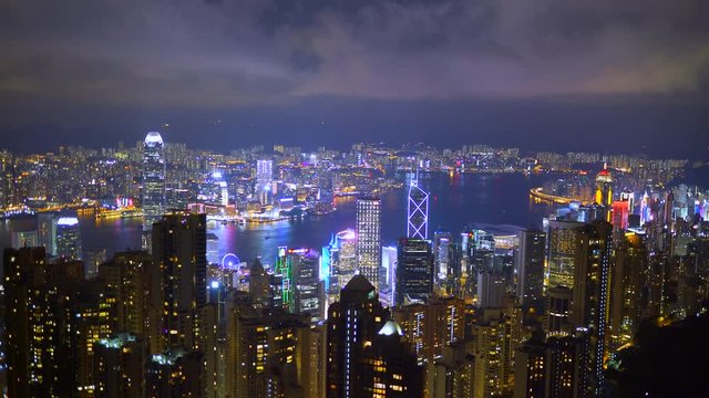4k, panoramic night view Hong Kong from peak Victoria, Hong Kong, China