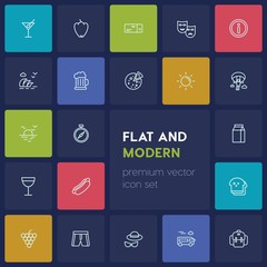 Modern Simple Set of food, drinks, travel Vector outline Icons. ..Contains such Icons as shorts,  cocktail,  grape,  mustard,  summer, food and more on dark background. Fully Editable. Pixel Perfect