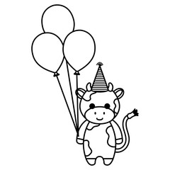 cute and little cow with hat and balloons air vector illustration design
