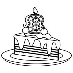 delicious cake portion with number eight vector illustration design