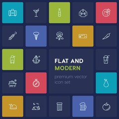 Modern Simple Set of food, drinks, travel Vector outline Icons. ..Contains such Icons as  suitcase,  glass,  vegetable, pear,  martini,  east and more on dark background. Fully Editable. Pixel Perfect