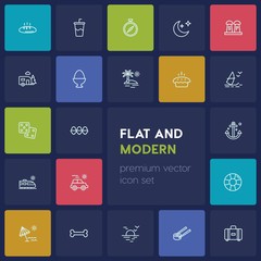 Modern Simple Set of food, drinks, travel Vector outline Icons. ..Contains such Icons as  bakery,  cola,  suitcase, soda,  skeleton, sunset and more on dark background. Fully Editable. Pixel Perfect