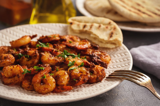 Spicy moroccan shrimp, mediterranean cuisine.