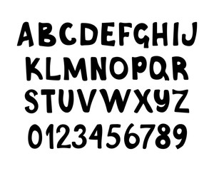 Casual alphabet and numerals. Hand drawn uneven letters for poster, headline, decorative lettering. Vector illustration.
