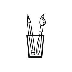 black and white outline  vector icon of pencil and brush