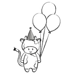 cute and little cow with hat and balloons air vector illustration design