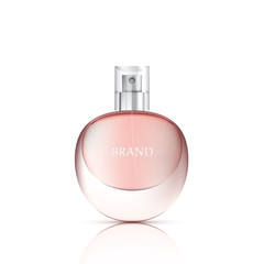 Obraz premium Realistic perfume bottle on white background, glass vial, vector illustration