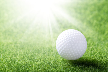 White golf ball on green grass background
