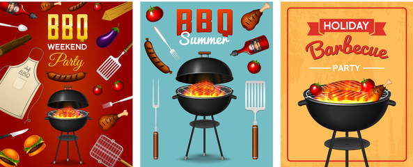 Barbecue grill elements set isolated on red background. BBQ party poster. Summer time. Meat restaurant at home. Charcoal kettle with tool, sauce and foods. Kitchen equipment for menu. Cooking outdoors