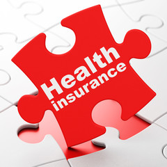 Insurance concept: Health Insurance on Red puzzle pieces background, 3D rendering