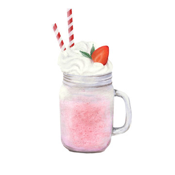 Strawberry milkshake in cocktail jar.