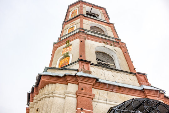 Troitskoe, Russia - August 2017: The Church of the Trinity of the Life-giving, Bell tower
