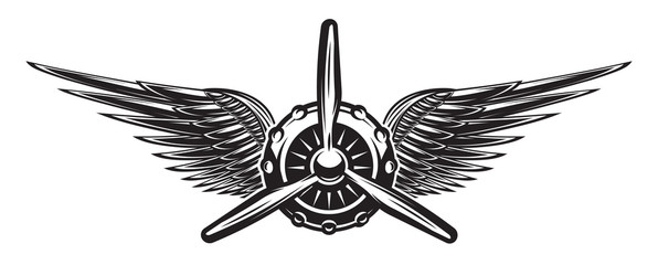 Monochrome retro banner with propeller and wings. Vector illustration © 111chemodan111
