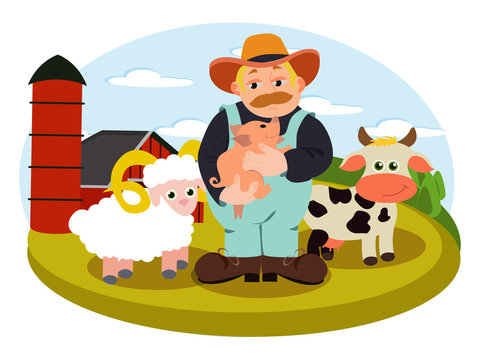 Farm illustration in vector with farmer holding little pig, standing near the cow and sheep. Cartoon character of countryside man on the farm