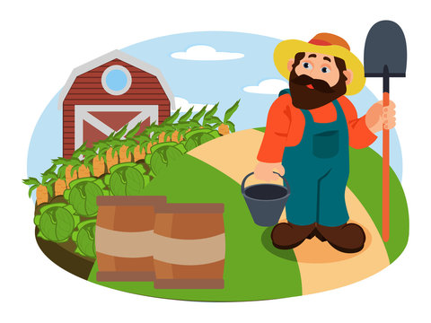 Healthy advertising illustration of Agrarian in the hat, looking on the harvest of carrot and corn, the farm is on the background