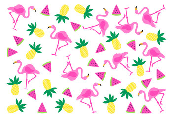 Flamingo, watermelon and pineapple on white background