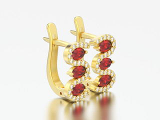 3D illustration isolated yelllow gold diamond ruby earrings with hinged lock