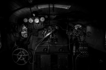 old steam train control panel - black and white image
