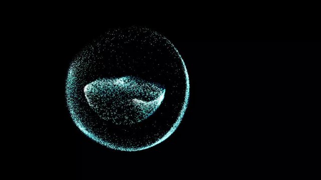 Dark science background with animated sphere and moving energy particles. Moving abstract backdrop in round shape.