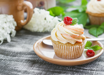 Delicate vanilla cupcakes with cream and raspberries on a dark wooden background