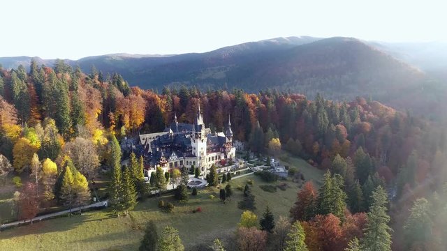 Beautiful autumn panorama of the castle Peles, Romania